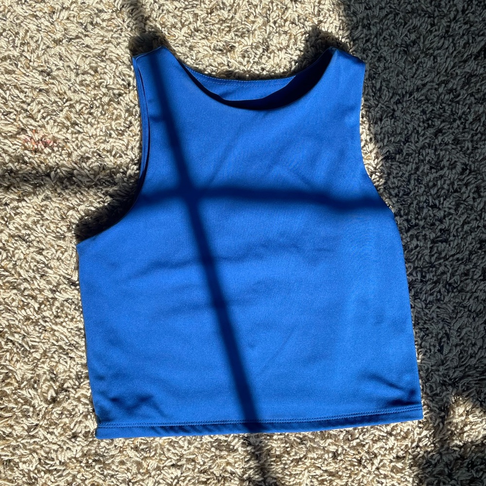 a dark blue tank top